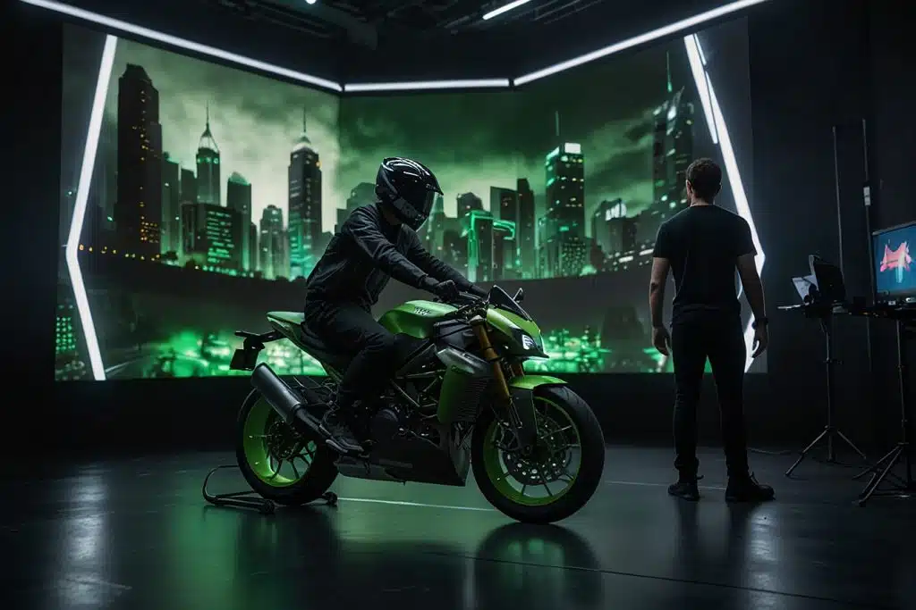 Virtual production studio with green screens